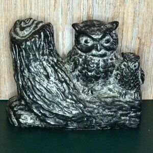 Vintage Wolf Soapstone Figure Owl And Baby On Branch Hand Made  Canada Decor